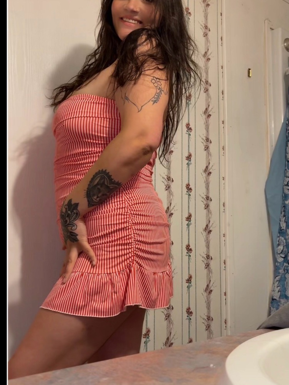 Strapless Red & White Stripe Ruffle Hem Dress